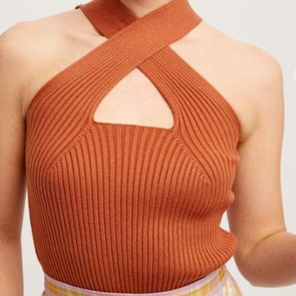 Classy Butterscotch Ribbed Knit Cross Neck Top